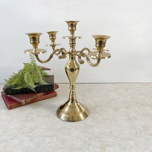 Vintage Brass 4 Arm 5 Cup Candelabra, Ornate Lacquered Brass Taper Candle Holder Centerpiece Wedding Holiday Table Decor 11" Tall