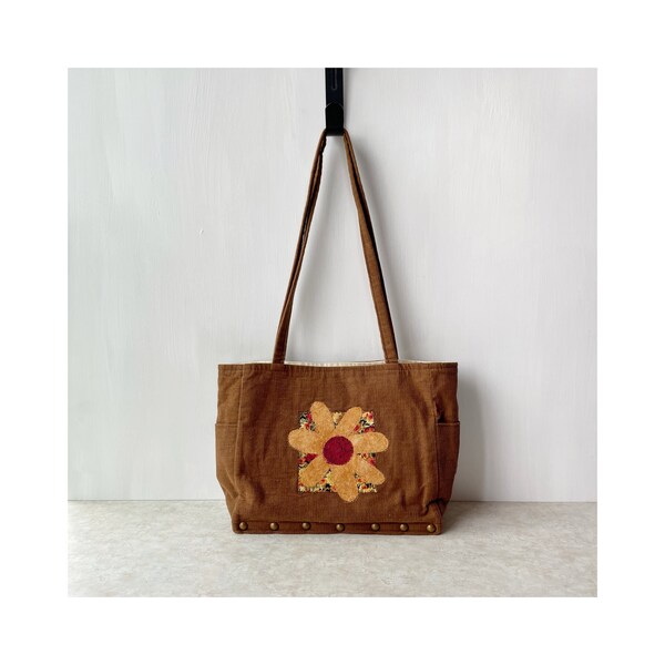 Vintage Brown Corduroy Purse, Medium Brown Shoulder Bag w/ Orange & Red Floral Applique, Retro Handmade Hand Bag