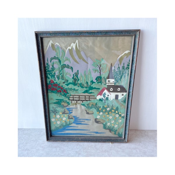 Framed Silk Embroidery Wall Hanging, Vintage Finished Needlepoint Landscape Scene Mountains Water Cottage Church Flowers