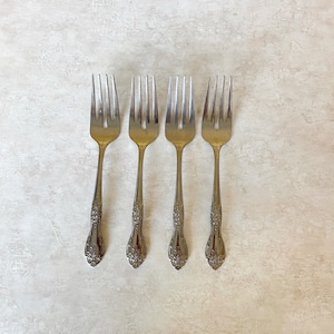 Fourchettes à salade vintage Rogers Co., motif Love Joy floral en acier inoxydable, lot de 4