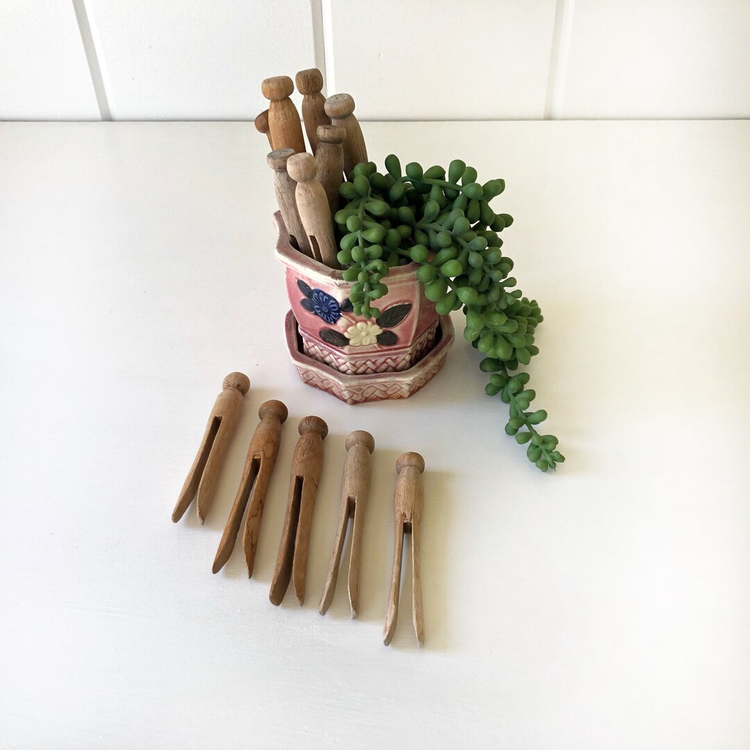 12 Round Wooden Clothespins, Dozen Vintage Weathered Worn Wood Clothes ...