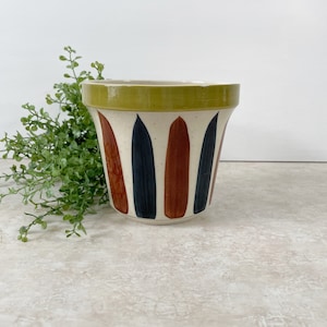 Vintage Art Pottery Planter, Glazed Ceramic Planter w/ Drainage Hole & Blue Brown Stripes 4.5" Tall