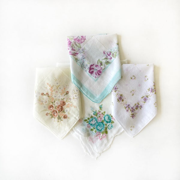 Vintage Handkerchief, Printed Ladies Cotton Vintage Hankie, Floral Flowers Rose Morning Glory - Sold Individually