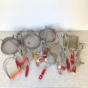 Lot of 14 Vintage Red Handle Kitchen Utensils: Rustic Farmhouse Decor