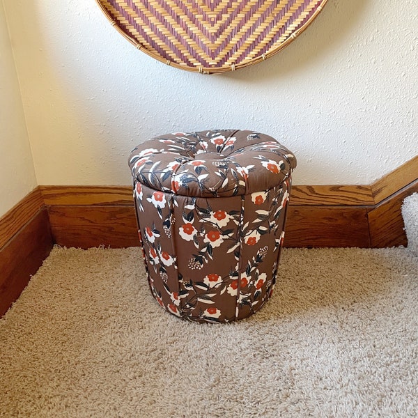 Vintage Upholstered Storage Ottoman, Brown White Rust Round Pouf, Footrest w/ Button Tufted Lift Off Top 15" Tall 14" Diameter