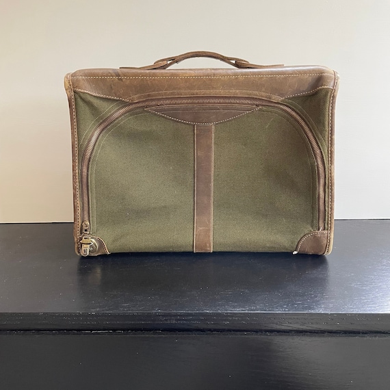 Vintage Tweed & Leather Suitcase Top Handle Soft Side Army 