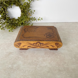 Vintage Floral Pyrography Wood Box, Estonian Keepsake Box