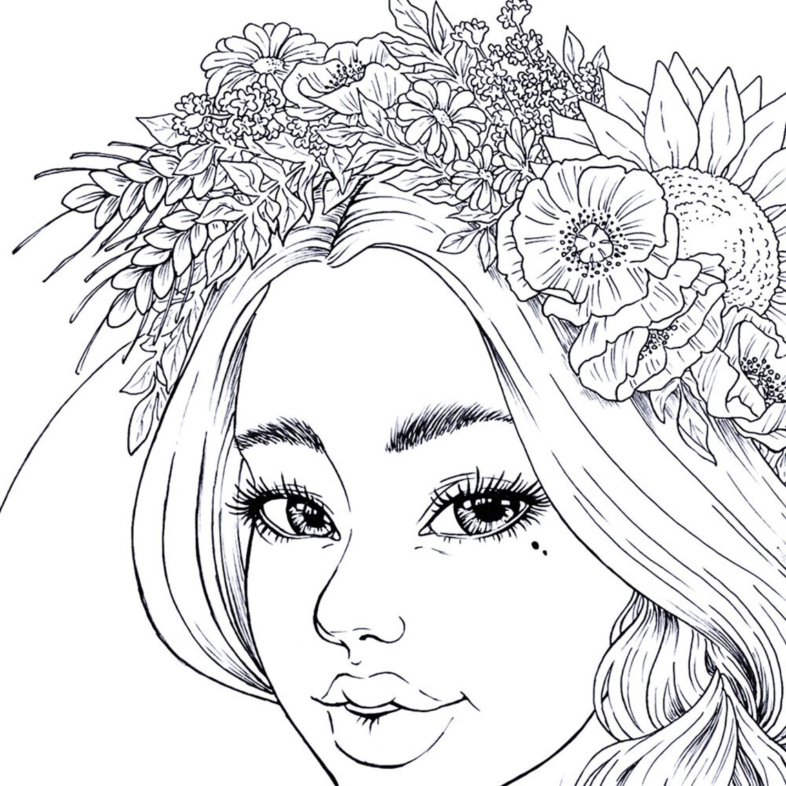 Slavic Girl With Floral Flower Wreath Adult Coloring Page Etsy