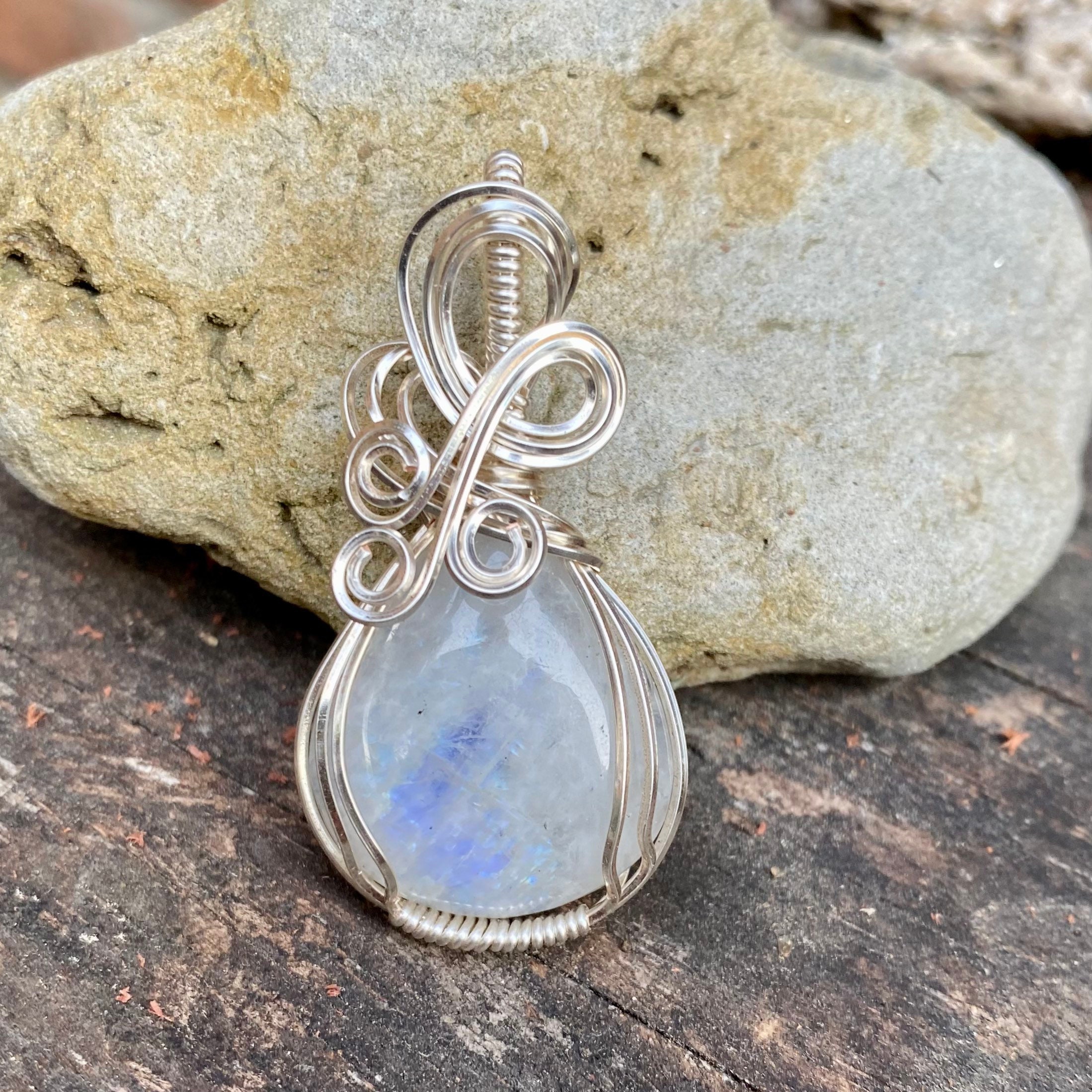 Silver Plated Wire Wrapped Double Term WW40DG Rainbow Moonstone Point Pendant