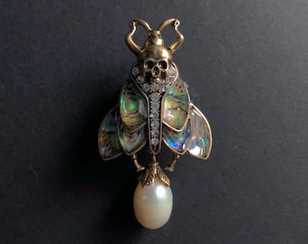 Moth, Skull & Baroque Pearl Abalone Brooch Pin | Lapel Pin | Art Deco Brooch Pin | Vintage Brooch Pin | Insect Cicada Fly Bee Brooch Pin