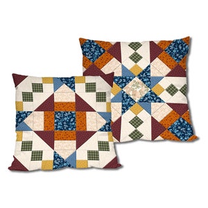 May include: Two square throw pillows with a patchwork design. The pillows feature a variety of colors and patterns, including blue, green, red, orange, and yellow. The patterns include floral, plaid, and geometric designs.