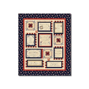 May include: A quilt block pattern with a cream background and red, white, and blue accents. The quilt block features various inspirational quotes about happiness, gratitude, and nature. The text includes phrases like "Happiness blooms where love is planted", "Let us be grateful to the people who make us happy", and "Always take time to smell the flowers".