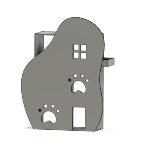 May include: A gray cat tree shaped like a house with a window and paw print cutouts. The cat tree has a platform and a small ledge.