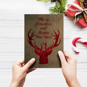 Cartão postal de Natal, presente de ano novo 2020, sinal de feliz natal, decoração personalizada de feriado, impressão de veado de inverno, arte de parede imprimível, imagem de madeira a5