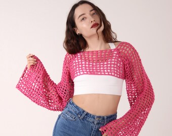 Crochet mesh bolero crop top, sheer long sleeve, See through blouse, Cropped fishnet top, Ultra cropped Top, Festival Outfit, Gift for Her