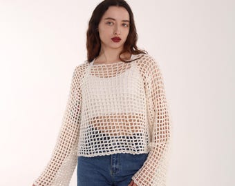 Hand knitted mesh sweater, crochet long sleeve, spring summer blouse, knit oversized top, womens see-through pullover, knitwear gift for her