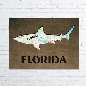 Florida kaart print, vis muur kunst, USA staten kaart poster, hout vissen decor, aangepaste houten teken, kerstcadeaus voor hem, geschenken voor papa