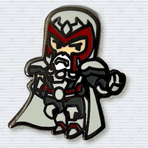 May include: Enamel pin featuring a cartoon-style character in a red and gray helmet and cape. The pin has a white cape and a black and gray body. The character is in a dynamic pose, with one arm raised.
