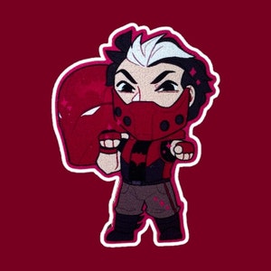 May include: A red and white cartoon character with a red mask and a red cape. The character is wearing a black shirt and gray pants. The character is standing with its arms out in a fighting pose.