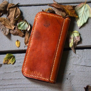 Cartera de cuero hecha a mano, color naranja, alta calidad, hecha a medida, cuero genuino curtido vegetal, envío gratuito a EE. UU.