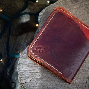 Cartera de cuero genuino hecha a mano, color naranja/burdeos, de alta calidad, resistente, hecha a medida, cuero curtido vegetal, envío gratuito a EE. UU.