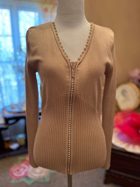 MyRobinsNestBoutique Vintage Champagne Belldini Sweater/Cardigan with Front Zipper and Rhinestones