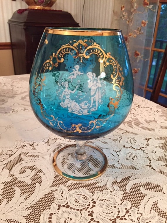 Large Vintage Blue And Gold Brandy Snifter Vase With Courting Etsy