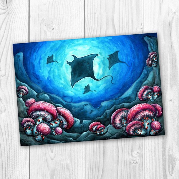 Endless Ocean, 32 x 24 cm Poster und Postkarte, Unterwasserwelt mit mystischen Pilzen und Rochen