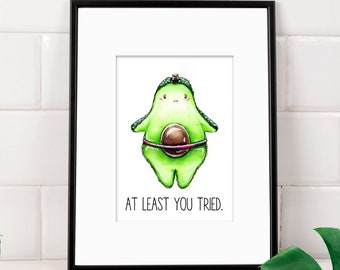Avocado Chan with Hoola Hoop, "At least you tried" handpainted watercolor Postcard, Decoration, Comedy, Humor