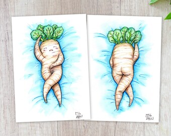 Daikon Chan, Kawaii Raddish, Comedy, Humor, handpainted watercolor Poster, DIN A4 8.3" x 11.7", decoration