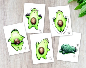 Avocado Chan does Sports, handpainted watercolor Poster, DIN A4 8.3" x 11.7" or Postcard Set, Decoration, Comedy, Humor