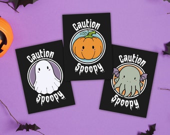 Caution Spoopy Halloween postcard print, Pumpkin, Ghost, Cthulhu, Dekoration, witchy gift, party
