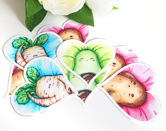 Sexy Vegetable, heart shaped Sticker Set, vinyl decal, 6cm / 2.5 inch, Daikon, Raddish, Avocado, Potato