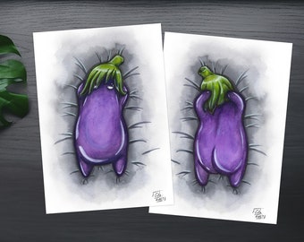 Emo Eggplant, Comedy, Humor, handpainted watercolor Poster, DIN A4 8.3" x 11.7", dark gothic decoration