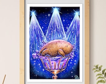 Potato Chan, Burlesque Dancer, Comedy, Humor, handpainted watercolor Poster, DIN A4 8.3" x 11.7" or postcard decoration