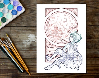 Art Nouveau Xiao coloring page, 21 x 29,7 cm Download, hand painted, Genshin Impact, Liyue