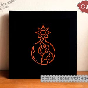 May include: Black square with an orange pixelated design of a flame-like shape and a starburst at the top. The words "DIGITAL CROSS STITCH PATTERN" are at the bottom. A PDF icon is in the upper right corner. The PrinceSircastic Creations logo is in the upper left corner.