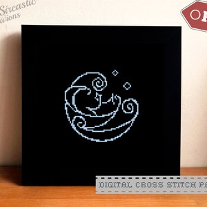 May include: A digital cross stitch pattern featuring a white stylized design of a crescent moon with swirls and dots on a black background. The text "DIGITAL CROSS STITCH PATTERN" is at the bottom of the image.