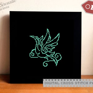 May include: Digital cross stitch pattern featuring a green bird with outstretched wings, flying against a black background. The pattern is labelled "DIGITAL CROSS STITCH PATTERN".
