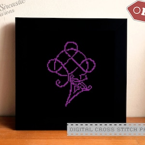 Puede incluir: Un patrón de punto de cruz digital que presenta un diseño de nudo celta morado sobre un fondo negro. El patrón está etiquetado como "DIGITAL CROSS STITCH PATTERN".