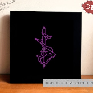 May include: A digital cross stitch pattern featuring a purple stylized design on a black background. The design is a cross with a hand holding a sword.