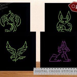 May include: Four digital cross stitch patterns featuring mythical creatures. The patterns are in green and purple on a black background. The patterns include a phoenix, a bird, a cat-like creature, and a dragon.