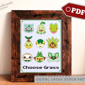 May include: A digital cross stitch pattern featuring a collection of nine Pokemon characters with grass-type attributes. The pattern is framed in a brown wooden frame and includes the text "Choose Grass".