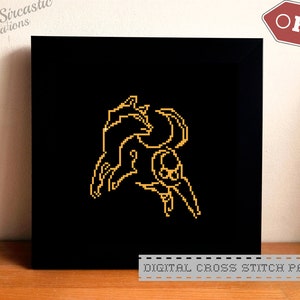 May include: A digital cross stitch pattern featuring a yellow outline of two cats on a black background. The text "DIGITAL CROSS STITCH PATTERN" is at the bottom of the image.