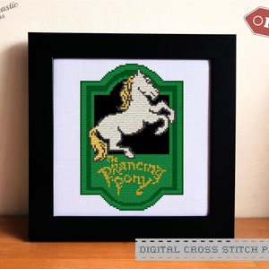 May include: A digital cross stitch pattern featuring a green and white sign with a white horse and the text "The Prancing Pony".