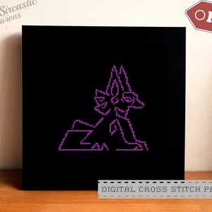 May include: Digital cross stitch pattern featuring a purple silhouette of a mythical creature with two heads on a black background. The text "DIGITAL CROSS STITCH PATTERN" is at the bottom of the image.