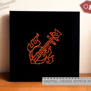 May include: Digital cross stitch pattern featuring an orange guitar with flames on a black background. The pattern is labeled "DIGITAL CROSS STITCH PATTERN".