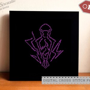 May include: Black square canvas featuring a purple pixelated design of a figure with lightning bolts. The text "DIGITAL CROSS STITCH PATTERN" is at the bottom. The upper right corner has a red "PDF" icon. The PrinceSircastic Creations logo is in the upper left.