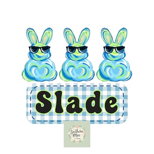 Op de afbeelding: Drie blauwe en groene konijnenfiguren met een zonnebril. Daaronder een blauw-wit geblokte banner met de naam "Slade" in zwart en groen. Onderaan een klein vierkant logo met tekst en een bloemenontwerp.