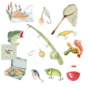 Peut inclure: Illustration à l'aquarelle d'articles de pêche, dont une canne à pêche, des leurres, une épuisette et une boîte à pêche. Un achigan et un bateau sont également représentés. L'image a un style doux et artistique sur fond blanc. Le texte "Southern Mae by Sierra" est en bas à gauche.